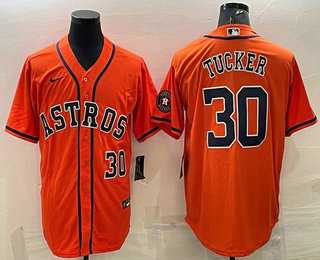 Men%27s Houston Astros #30 Kyle Tucker Number Orange With Patch Stitched MLB Cool Base Nike Jersey